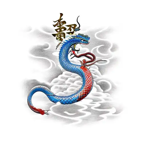 Samurai in Front of a Waterfall with a Dragon in the Sky and a Crane and a Snake in the Background tattoo design idea