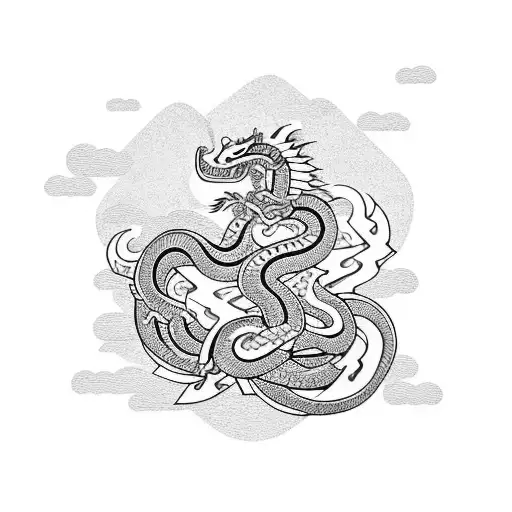 Samurai in Front of a Waterfall with a Dragon and a Crane and a Snake in the Background tattoo design idea