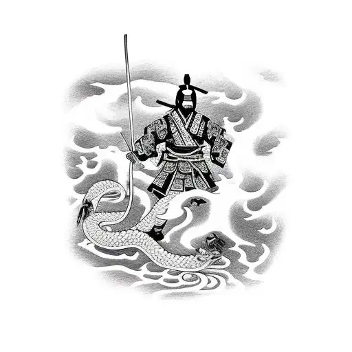 Samurai in Front of a Waterfall with a Dragon and a Crane and a Snake in the Background tattoo design idea