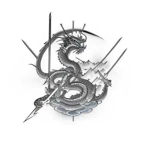 Samurai in Front of a Waterfall with a Dragon and a Crane and a Snake in the Background tattoo design idea
