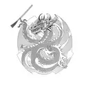 Samurai in Front of a Waterfall with a Dragon and a Crane and a Snake in the Background tattoo design idea