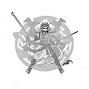 Samurai in Front of a Waterfall with a Dragon and a Crane and a Snake in the Background tattoo design idea