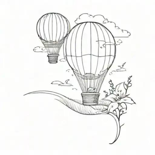 A minimalist tattoo of a hobbit riding a hot air balloon over a field of Lily of the Valley flowers tattoo design idea
