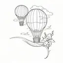 A minimalist tattoo of a hobbit riding a hot air balloon over a field of Lily of the Valley flowers tattoo design idea