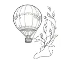 A minimalist tattoo of a hobbit riding a hot air balloon over a field of Lily of the Valley flowers tattoo design idea
