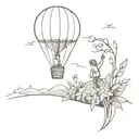 A minimalist tattoo of a hobbit riding a hot air balloon over a field of Lily of the Valley flowers tattoo design idea