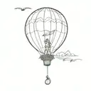 A minimalist tattoo of a hobbit riding a hot air balloon over a field of Lily of the Valley flowers tattoo design idea