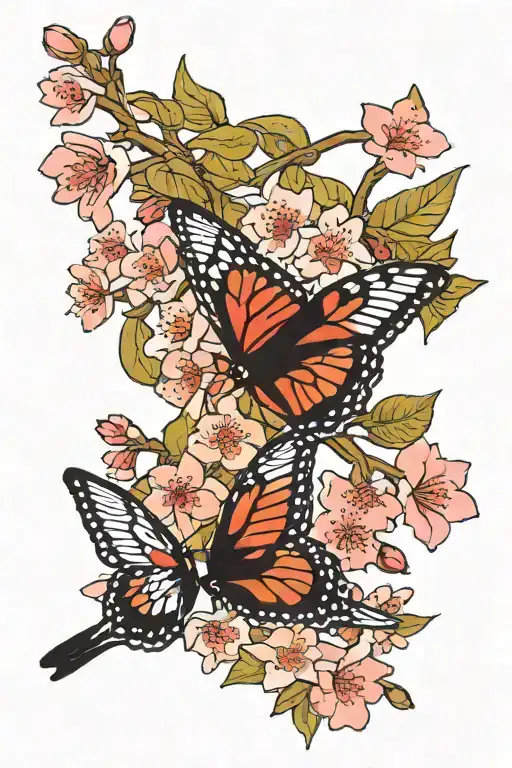cherry blossoms with monarch and cardinal bird flying tattoo design idea