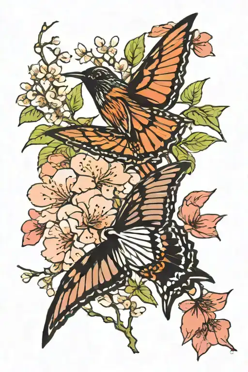 cherry blossoms with monarch and cardinal bird flying tattoo design idea