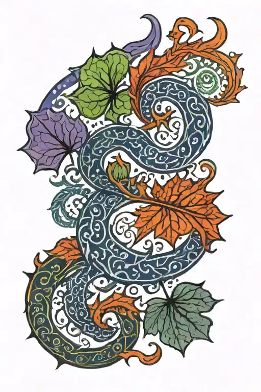 pictish swirls in blue, welsh dragon in red, irish shamrock in green, scottish thistle in purple, orange maple leaf  tattoo design idea
