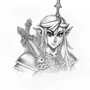 Bust of Link from The Legend of Zelda: Tears of the Kingdom holding the Master Sword tattoo design idea