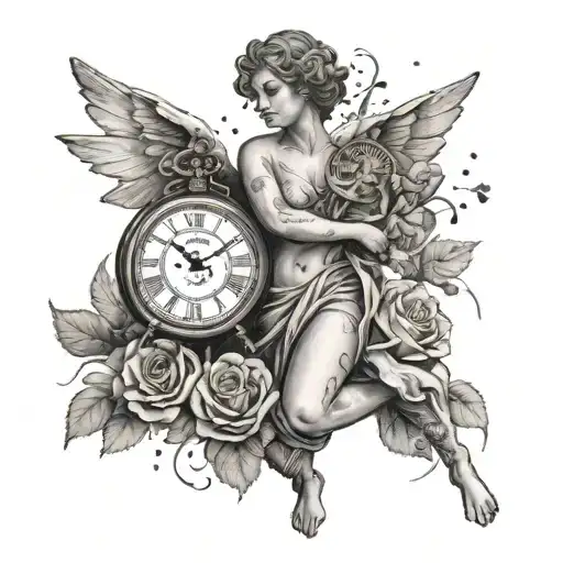 A black and grey tattoo of an angelic figure holding a Roman numeral clock in one hand and a bouquet of roses in the other, with money falling around them like rain tattoo design idea