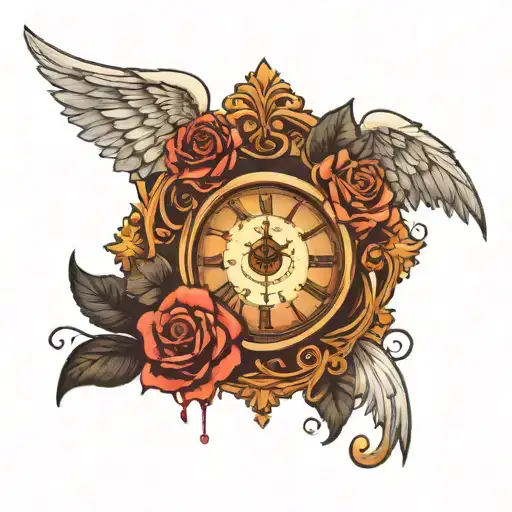 angel, rose, roman clock, money tattoo design idea
