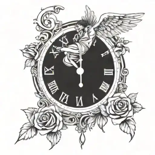 An angel holding a Roman clock, a rose, and money falling tattoo design idea