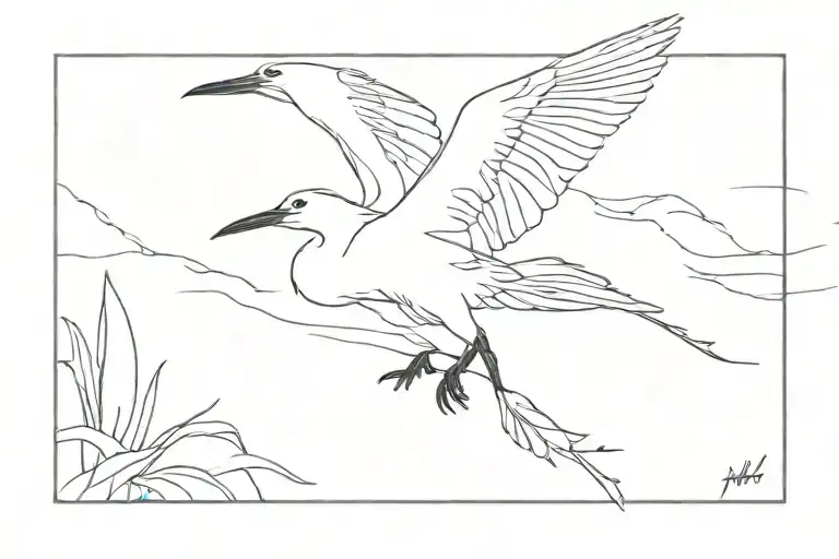 snowy egret flying towards tattoo design idea
