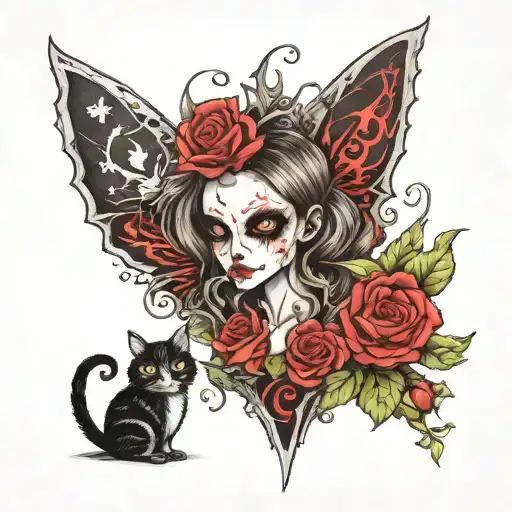 i love horror movies and the walking dead and tim burton movie and alice in wonderland and flowers and gothic stuff tattoo design idea
