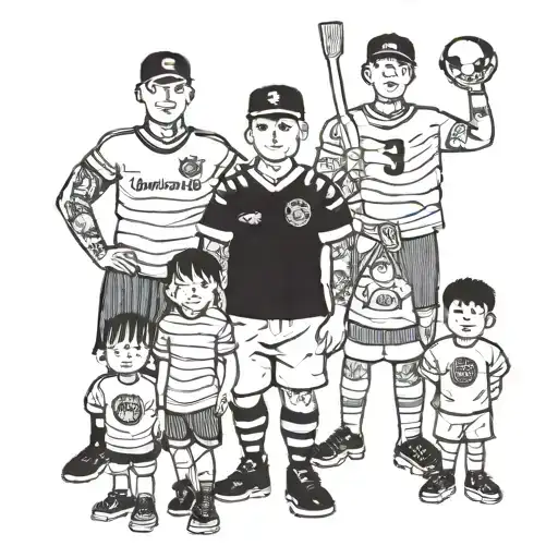 A tattoo of a binman standing proudly with his family, each member represented by a different football team jersey tattoo design idea