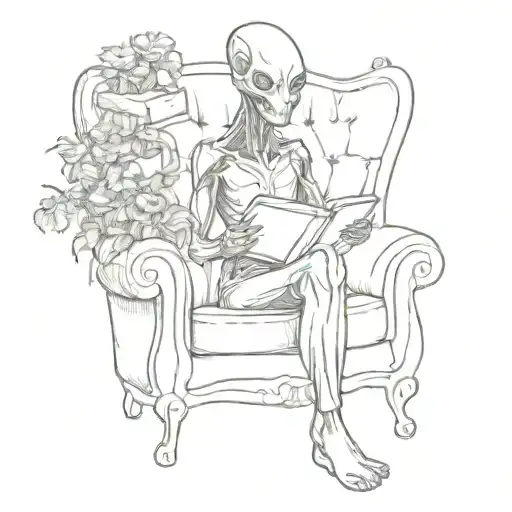 alien sitting on the sofa surrounded by flowers and books tattoo design idea