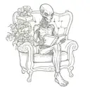alien sitting on the sofa surrounded by flowers and books tattoo design idea