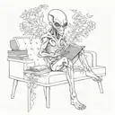 alien sitting on the sofa surrounded by flowers and books tattoo design idea