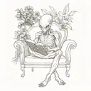 alien sitting on the sofa surrounded by flowers and books tattoo design idea