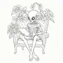 alien sitting on the sofa surrounded by flowers and books tattoo design idea