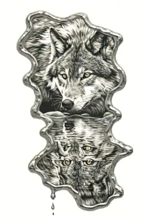 wolf looking into a puddle seeing the reflection tattoo design idea