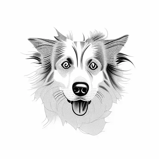 border collie outline with peony tattoo design idea