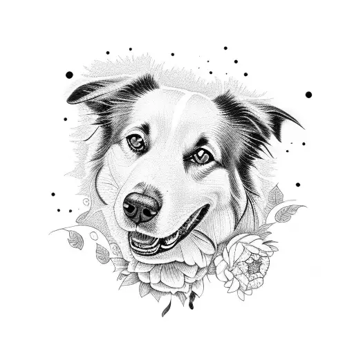 border collie with peony tattoo design idea