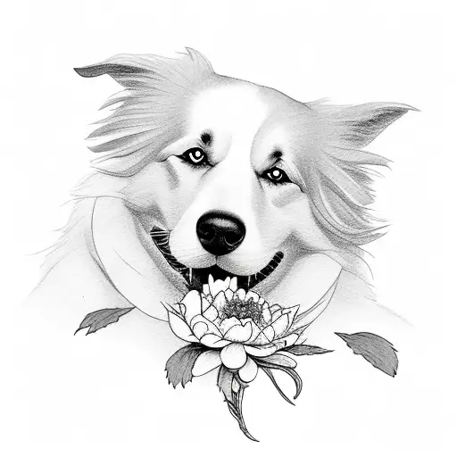 border collie with peony tattoo design idea