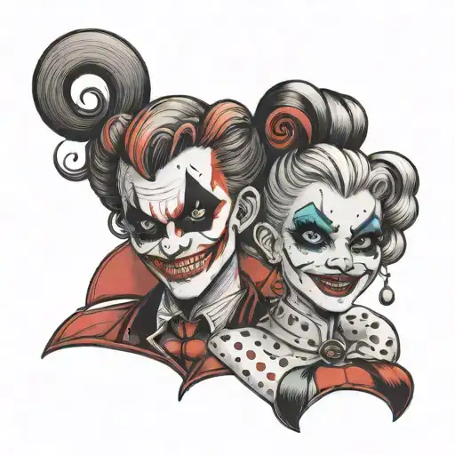 A playful and mischievous Harley Quinn and Joker duo tattoo with a laugh now cry later theme tattoo design idea