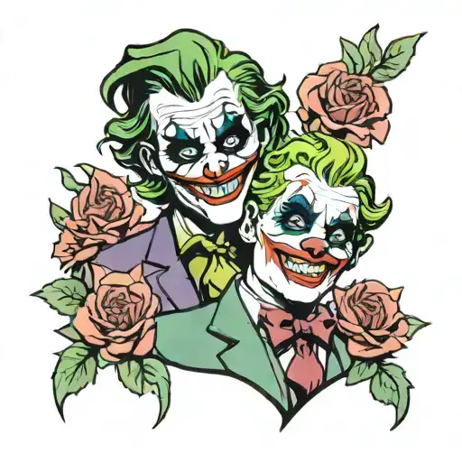joker and Harley Quinn laugh now cry later mask tattoo design idea