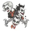A playful and mischievous Harley Quinn and Joker duo tattoo with a laugh now cry later theme tattoo design idea