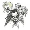 A playful and mischievous Harley Quinn and Joker duo tattoo with a laugh now cry later theme tattoo design idea