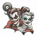 A playful and mischievous Harley Quinn and Joker duo tattoo with a laugh now cry later theme tattoo design idea