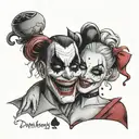 A playful and mischievous Harley Quinn and Joker duo tattoo with a laugh now cry later theme tattoo design idea