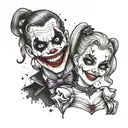 A playful and mischievous Harley Quinn and Joker duo tattoo with a laugh now cry later theme tattoo design idea