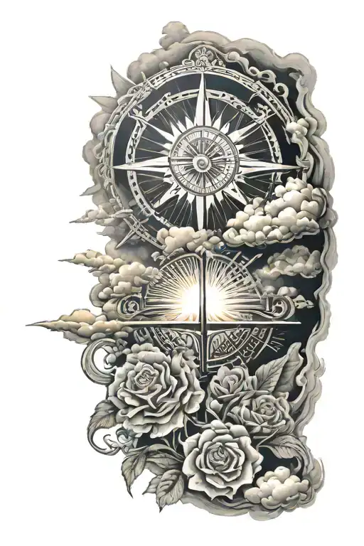 rays of sun descending from the shoulder to the bottom of the biceps surrounded by clouds and a decor tattoo design idea