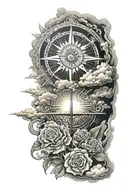 rays of sun descending from the shoulder to the bottom of the biceps surrounded by clouds and a decor tattoo design idea