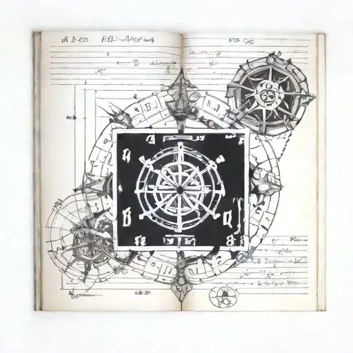 A detailed book with engineering drawings integrated into the pages, surrounded by mystical symbols representing spirituality and the sign of Leo, with the date 07/08/2009 subtly incorporated. tattoo design idea