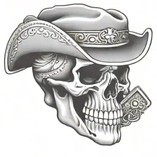 skull with a cowboy hat and bandana and pistol tattoo design idea