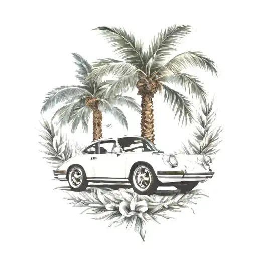 laurel wreath, porsche, palm tree tattoo design idea