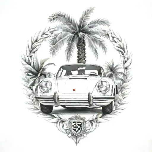 laurel wreath, porsche, palm tree tattoo design idea