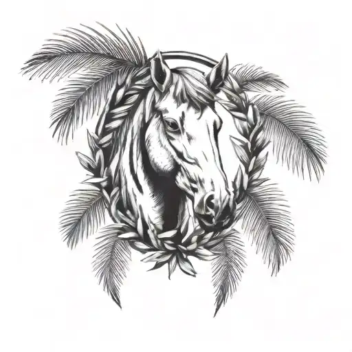 laurel wreath with horse head and palm tree inside  tattoo design idea