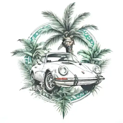 laurel wreath, porsche, palm tree tattoo design idea