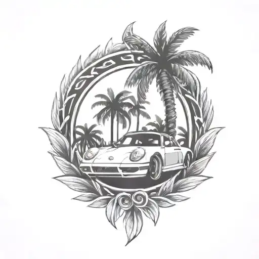 laurel wreath, porsche, palm tree tattoo design idea