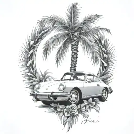 laurel wreath, porsche, palm tree tattoo design idea