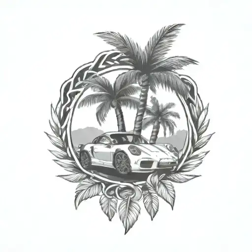 laurel wreath, porsche, palm tree tattoo design idea