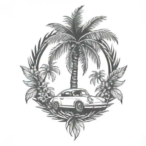 laurel wreath, porsche, palm tree tattoo design idea