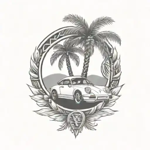 laurel wreath, porsche, palm tree tattoo design idea